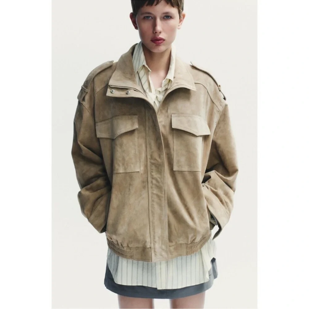 ZARA Viral Suede Leather Oversized Jacket. New, S - Picture 9 of 16